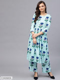 : Sassafras Blue Floral Gathered Waist Kurta  (Code: C2426826)