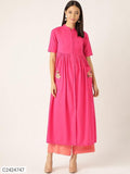 SASSAFRAS Women's Pink Embroidered Pocket Gatherd Kurta