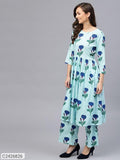 : Sassafras Blue Floral Gathered Waist Kurta  (Code: C2426826)