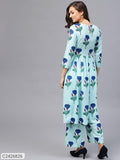 : Sassafras Blue Floral Gathered Waist Kurta  (Code: C2426826)