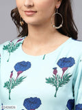 : Sassafras Blue Floral Gathered Waist Kurta  (Code: C2426826)